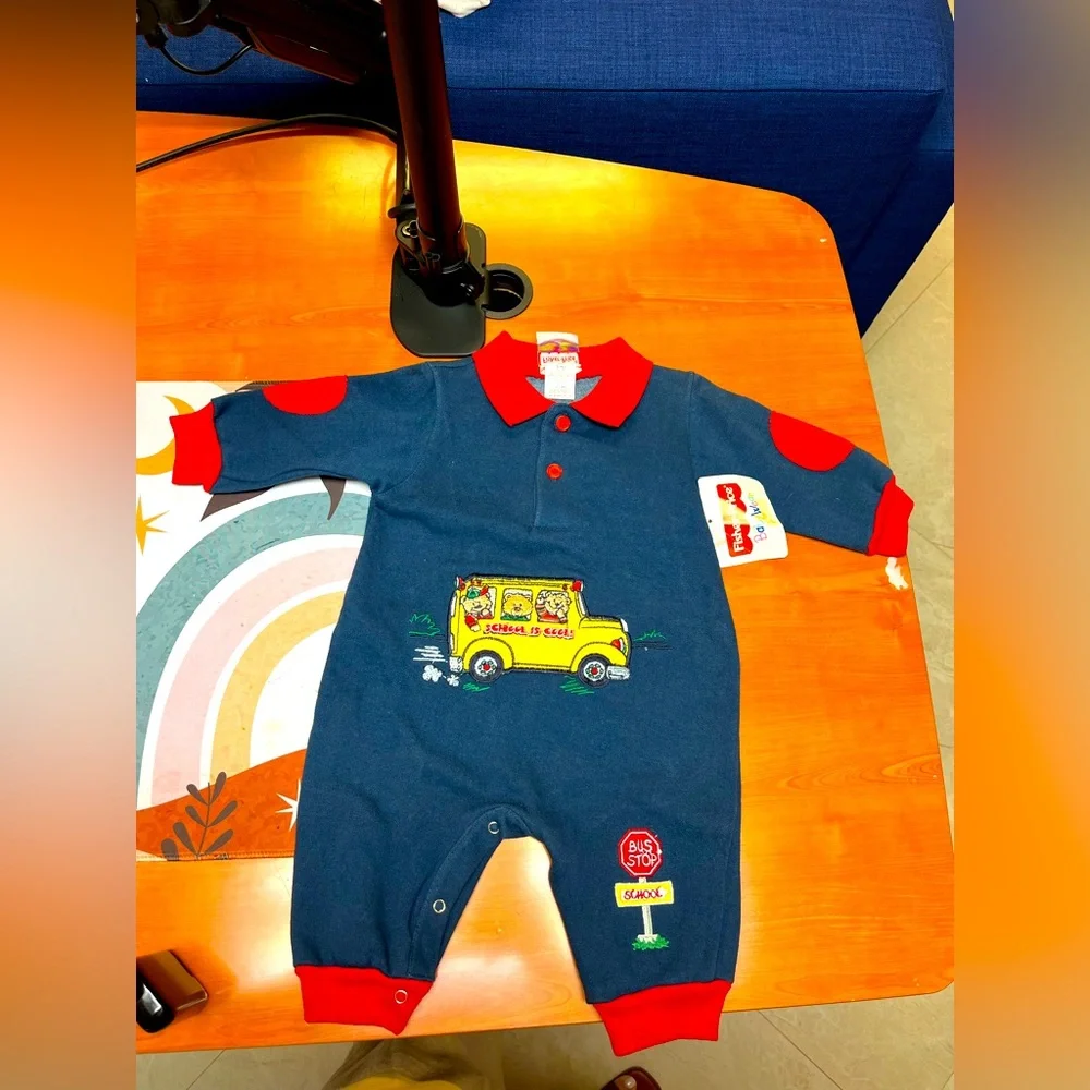 Vintage NWT Fisher Price Baby Wear Romper 6-9 Months School Bus Theme‎ Deadstock